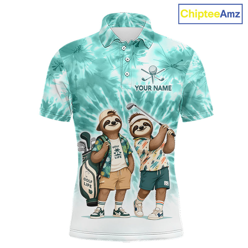 Funny Sloth Golf Polo Shirt For Men –  Blue Tie Dye Custom Name Golf Shirt, Golf Gift NHT880