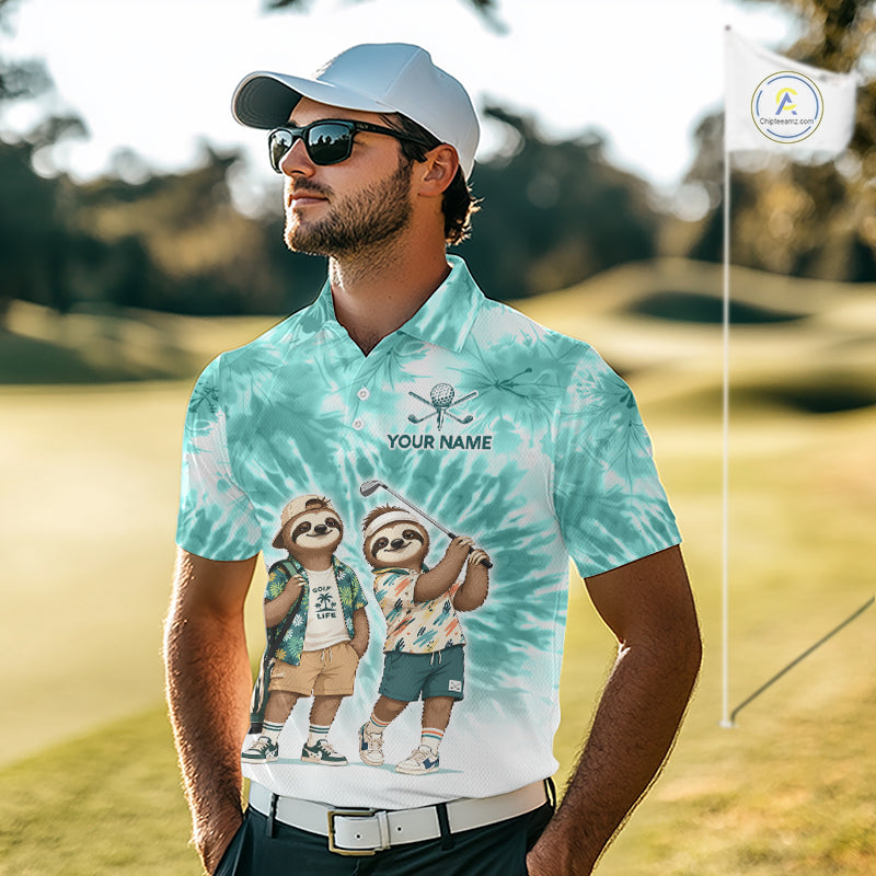 Funny Sloth Golf Polo Shirt For Men –  Blue Tie Dye Custom Name Golf Shirt, Golf Gift NHT880