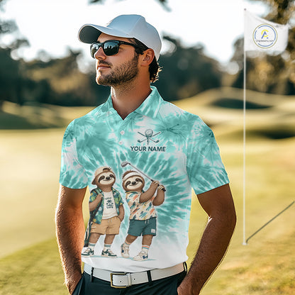 Funny Sloth Golf Polo Shirt For Men –  Blue Tie Dye Custom Name Golf Shirt, Golf Gift NHT880