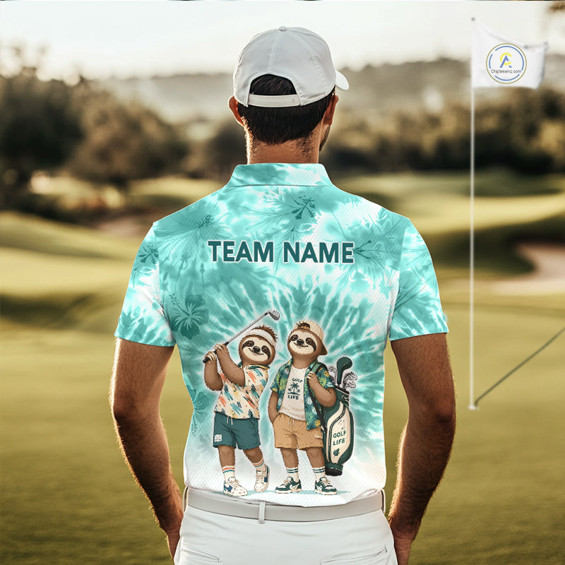 Funny Sloth Golf Polo Shirt For Men –  Blue Tie Dye Custom Name Golf Shirt, Golf Gift NHT880