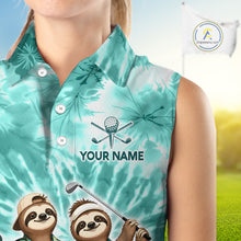 Load image into Gallery viewer, Funny Sloth Sleeveless Womens Golf Polo Shirt  –  Blue Tie Dye Custom Name Golf Shirt, Golf Gift NHT880