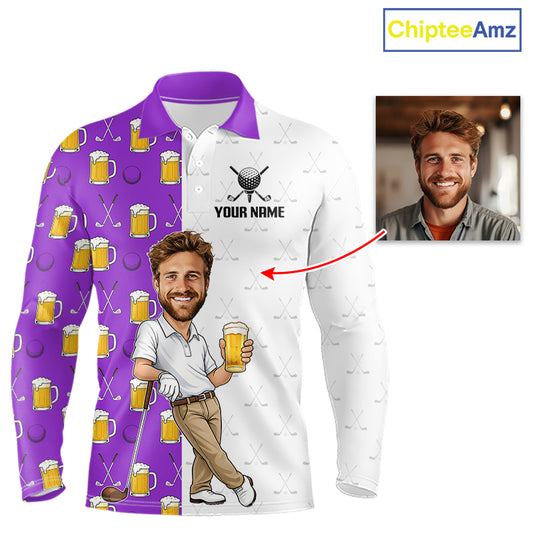 Custom Golf Polo With Face Funny Golfer Beer Lover Gift For Men|Purple 