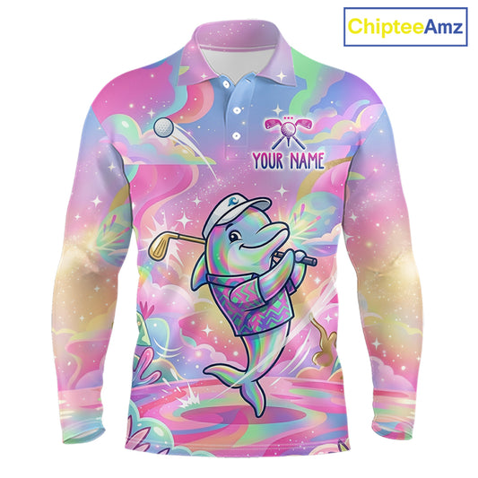 Funny Pastel Dolphin Mens Golf Polo Shirt Custom Ocean Golf Shirt, Polo Gift For Golf Lovers NHT897
