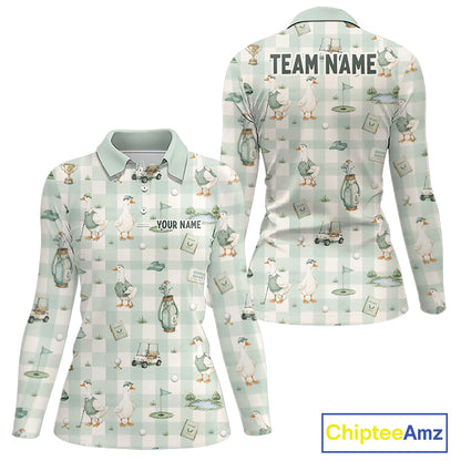 Personalized Goose Golf Polo Shirt Custom Name Team Shirt Green Plaid Womens Golf Lover Gift NHT1218