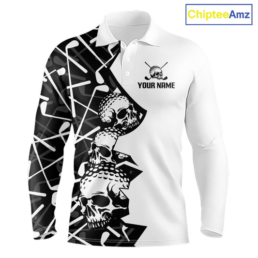 Custom Skull Mens Golf Polo Shirt Personalized Name, Golf Team Polo Jersey| Black 