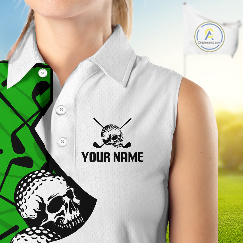 Custom Skull Womens Sleeveless Golf Polo Shirt Personalized Name, Golf Team Polo Jersey| Green 