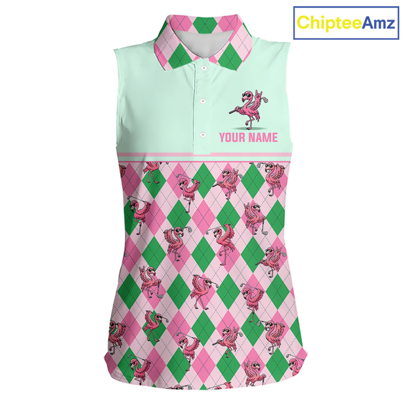 Personalized Pink Argyle Womens Sleeveless Golf Polo Custom Name Flamingo Mint Green Preppy Team Outfits NHT1227