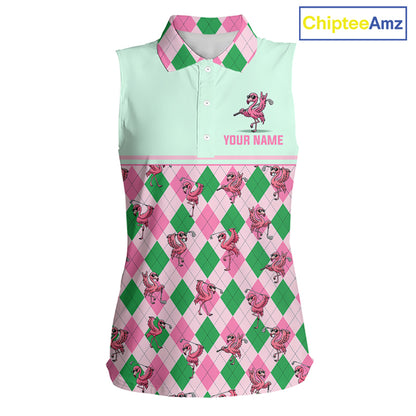 Personalized Pink Argyle Womens Sleeveless Golf Polo Custom Name Flamingo Mint Green Preppy Team Outfits NHT1227