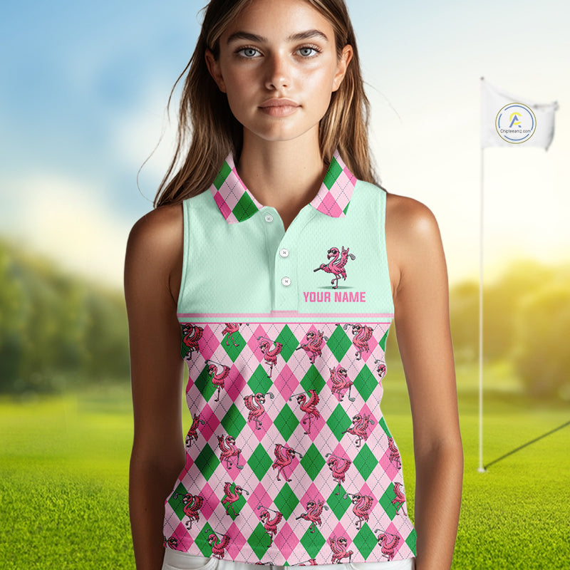 Personalized Pink Argyle Womens Sleeveless Golf Polo Custom Name Flamingo Mint Green Preppy Team Outfits NHT1227