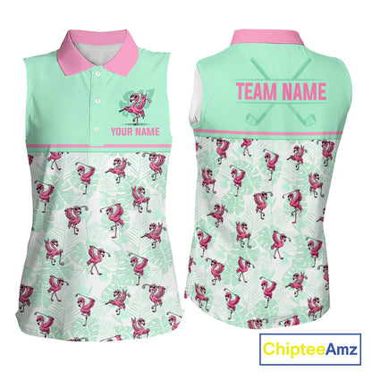 Custom Flamingo Womens Sleeveless Golf Polo Shirt Personalized Name Outfits Mint Green Pink Preppy Golf Shirt NHT1228