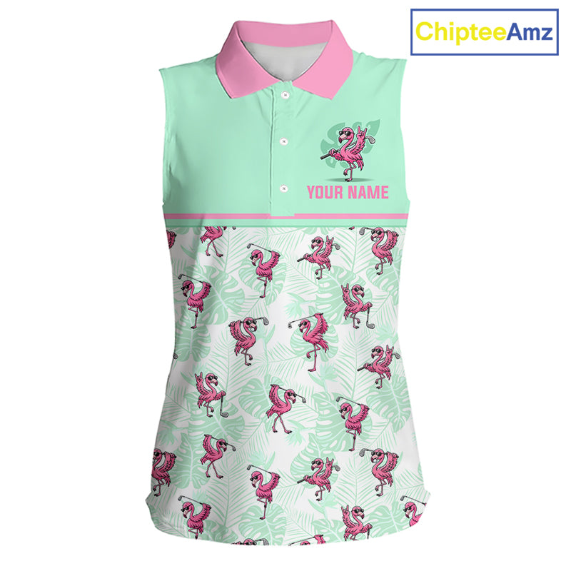 Custom Flamingo Womens Sleeveless Golf Polo Shirt Personalized Name Outfits Mint Green Pink Preppy Golf Shirt NHT1228