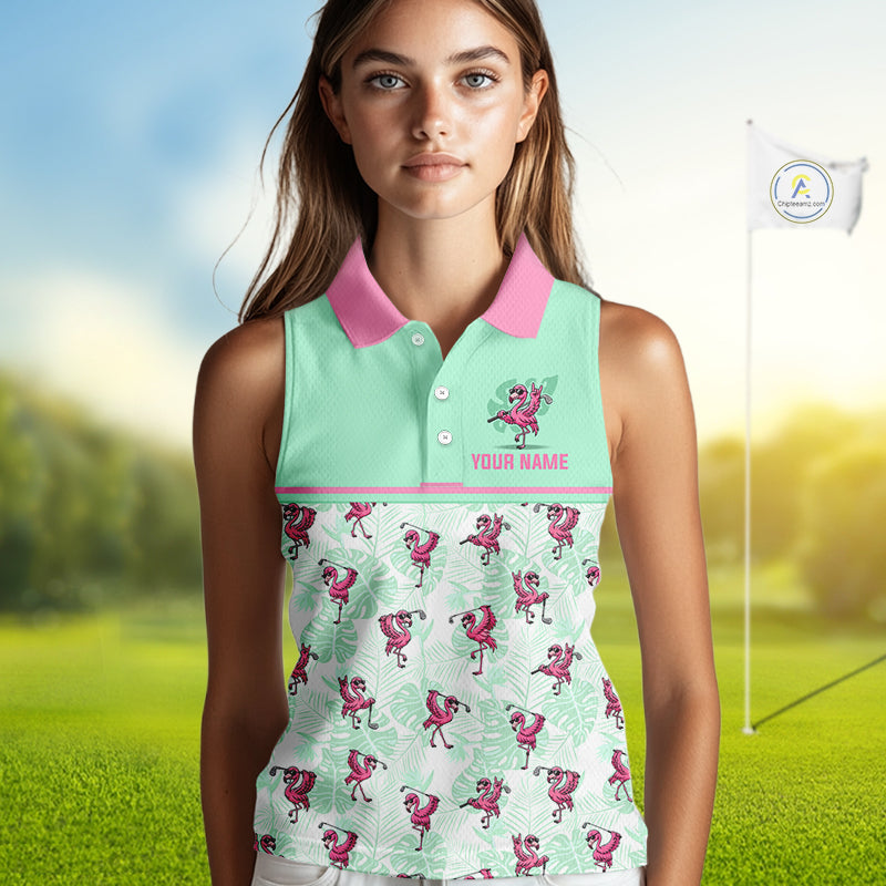 Custom Flamingo Womens Sleeveless Golf Polo Shirt Personalized Name Outfits Mint Green Pink Preppy Golf Shirt NHT1228