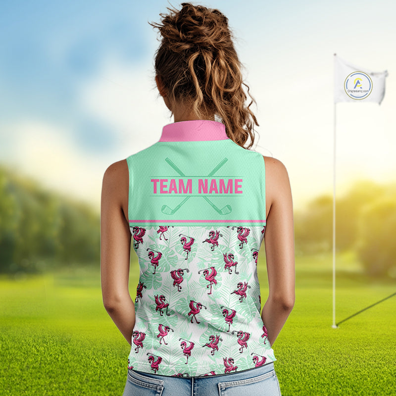 Custom Flamingo Womens Sleeveless Golf Polo Shirt Personalized Name Outfits Mint Green Pink Preppy Golf Shirt NHT1228
