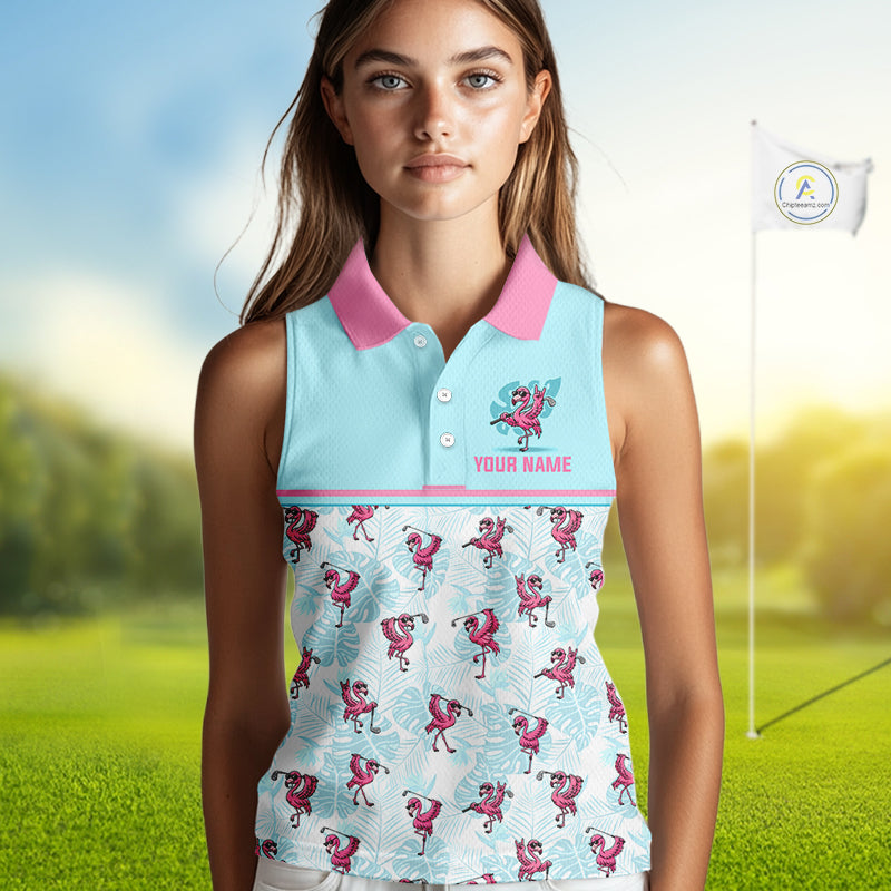 Custom Flamingo Womens Sleeveless Golf Polo Shirt Personalized Name Outfits Light Blue Pink Preppy Golf Shirt NHT1229