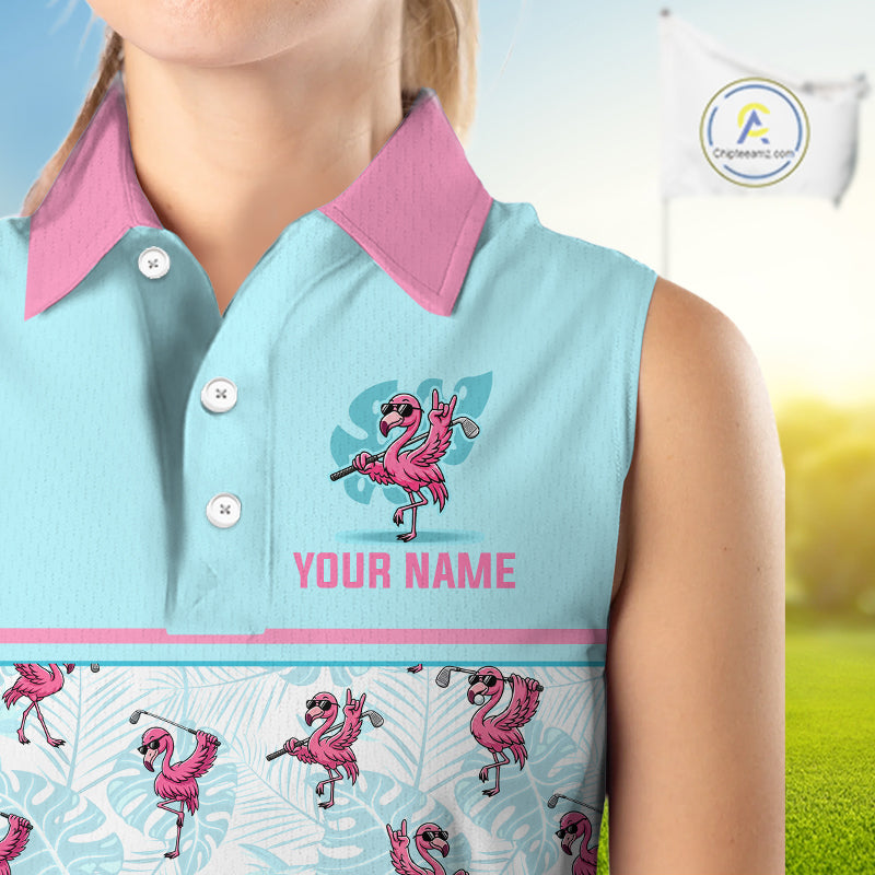 Custom Flamingo Womens Sleeveless Golf Polo Shirt Personalized Name Outfits Light Blue Pink Preppy Golf Shirt NHT1229