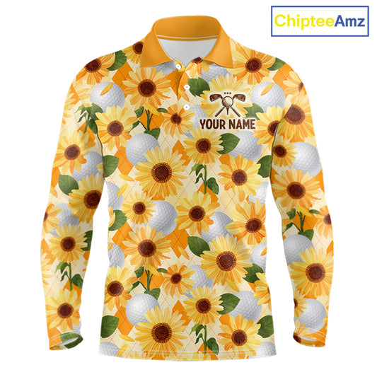 Personalized Sunflower Mens Golf Polo Shirt Custom Name Floral Golf Polo For Men 