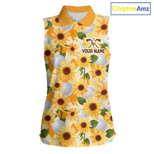 Load image into Gallery viewer, Personalized Sunflower Womens Sleeveless Golf Polo Shirt Custom Name Floral Golf Polo For Women 