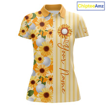Load image into Gallery viewer, Personalized Sunflower Womens Golf Polo Shirt Custom Name Golf Ball Floral Polo Shirt 