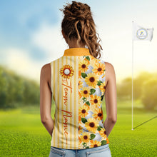 Load image into Gallery viewer, Personalized Sunflower Womens Sleeveless Golf Polo Shirt Custom Name Golf Ball Floral Polo Shirt 