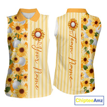 Load image into Gallery viewer, Personalized Sunflower Womens Sleeveless Golf Polo Shirt Custom Name Golf Ball Floral Polo Shirt 