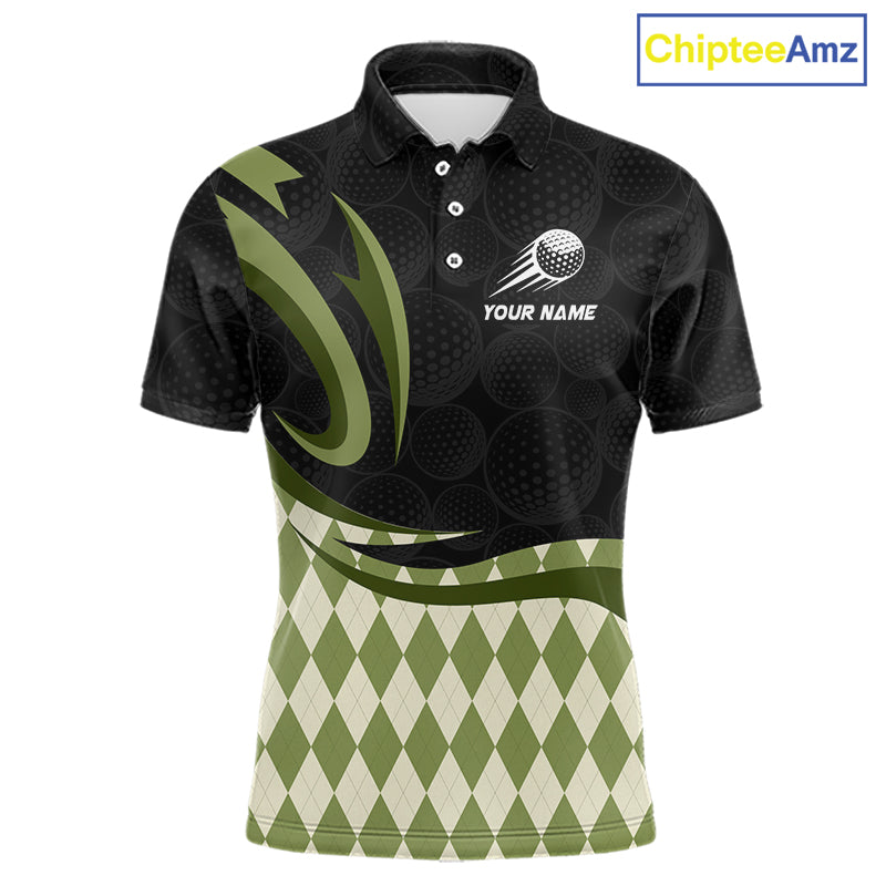Personalized Mens Golf Polo Shirt Custom Name, Black Green Argyle Golf Team Polo 