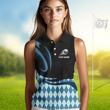 Load image into Gallery viewer, Personalized Womens Sleeveless Golf Polo Shirt Custom Name, Black Blue Argyle Golf Team Polo 