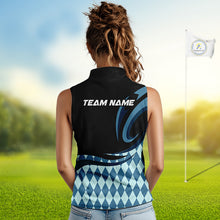 Load image into Gallery viewer, Personalized Womens Sleeveless Golf Polo Shirt Custom Name, Black Blue Argyle Golf Team Polo 