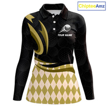 Load image into Gallery viewer, Personalized Womens Golf Polo Shirt Custom Name, Black Yellow Argyle Golf Team Polo 