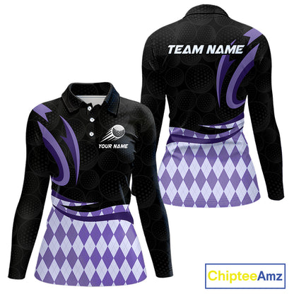 Personalized Womens Golf Polo Shirt Custom Name, Black Purple Argyle Golf Team Polo 