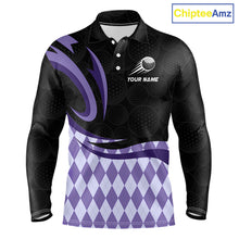 Load image into Gallery viewer, Personalized Mens Golf Polo Shirt Custom Name, Black Purple Argyle Golf Team Polo 