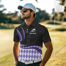 Load image into Gallery viewer, Personalized Mens Golf Polo Shirt Custom Name, Black Purple Argyle Golf Team Polo 