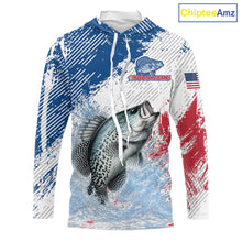 Load image into Gallery viewer, Custom Patriotic American Flag Crappie Fishing Shirts Long Sleeve Hooded, Fishing Tournament Jerseys NHT550