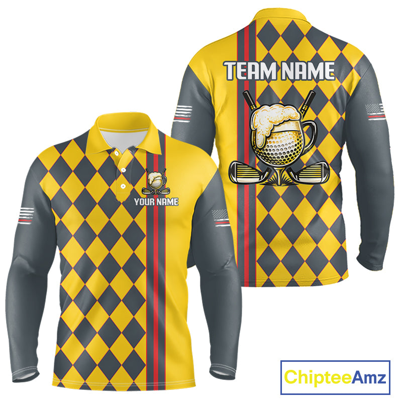 Personalized Mens Golf Polo Shirt Beer And Golf Ball Graphic Custom Team Name Golf Jersey|Yellow 