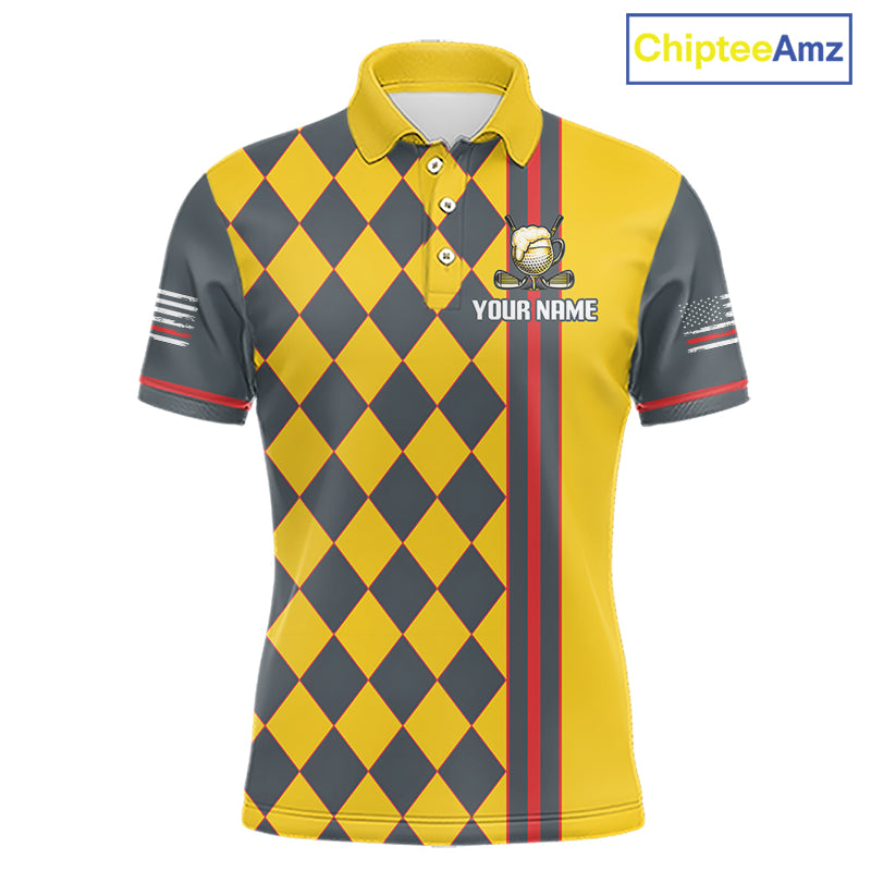 Personalized Mens Golf Polo Shirt Beer And Golf Ball Graphic Custom Team Name Golf Jersey|Yellow 