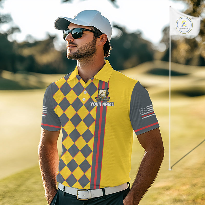 Personalized Mens Golf Polo Shirt Beer And Golf Ball Graphic Custom Team Name Golf Jersey|Yellow 