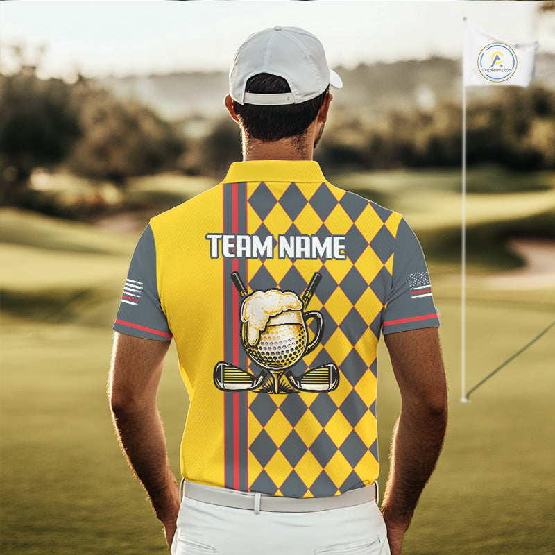 Personalized Mens Golf Polo Shirt Beer And Golf Ball Graphic Custom Team Name Golf Jersey|Yellow 