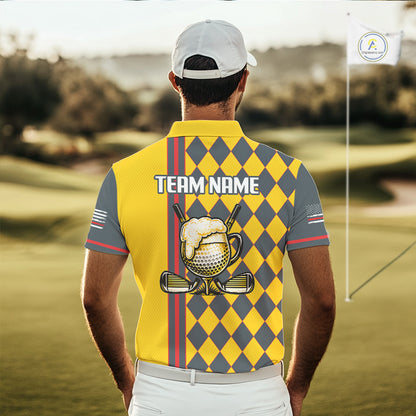 Personalized Mens Golf Polo Shirt Beer And Golf Ball Graphic Custom Team Name Golf Jersey|Yellow 