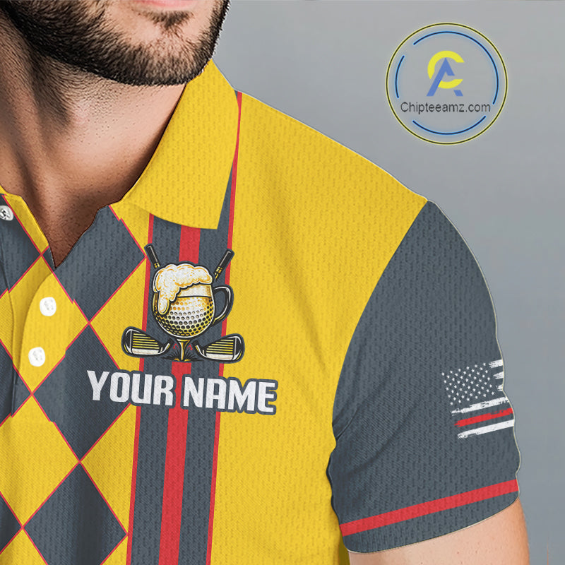 Personalized Mens Golf Polo Shirt Beer And Golf Ball Graphic Custom Team Name Golf Tournament|Yellow NHT1090