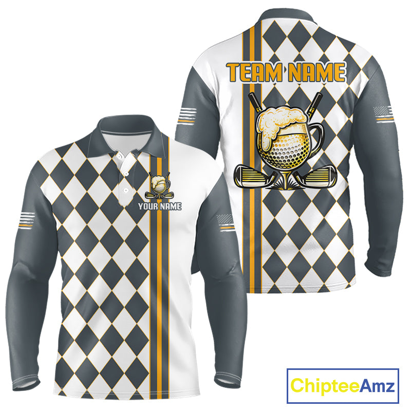 Personalized Mens Golf Polo Shirt Beer And Golf Ball Graphic Custom Team Name Golf Jersey|White 