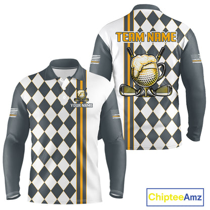 Personalized Mens Golf Polo Shirt Beer And Golf Ball Graphic Custom Team Name Golf Jersey|White 