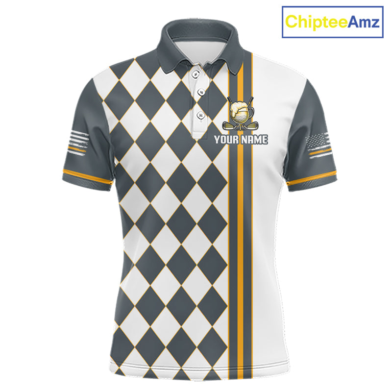 Personalized Mens Golf Polo Shirt Beer And Golf Ball Graphic Custom Team Name Golf Jersey|White 