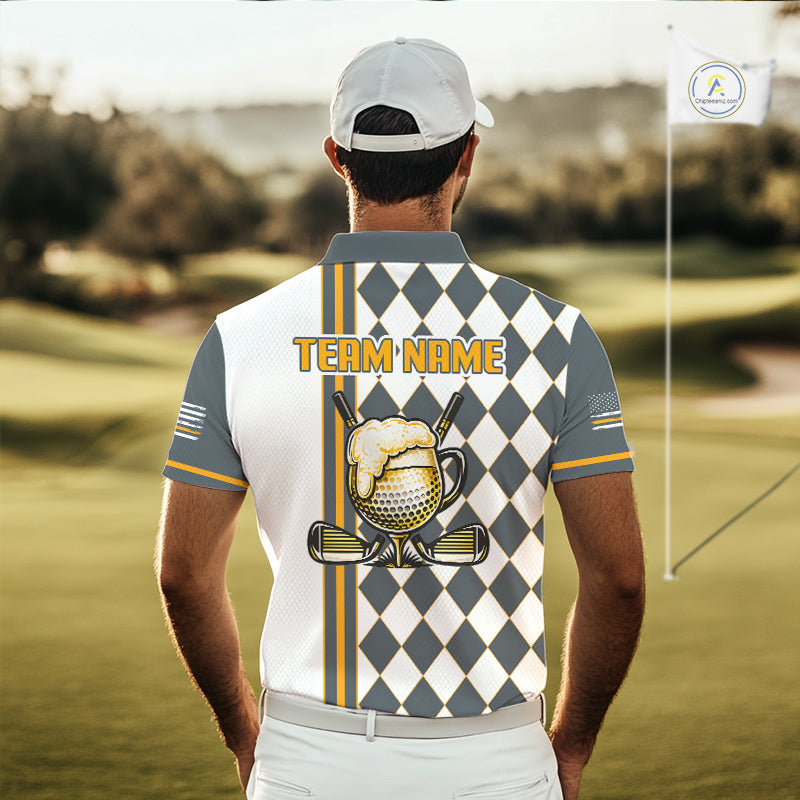 Personalized Mens Golf Polo Shirt Beer And Golf Ball Graphic Custom Team Name Golf Jersey|White 