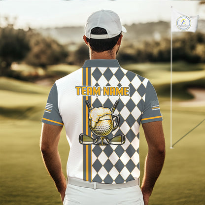 Personalized Mens Golf Polo Shirt Beer And Golf Ball Graphic Custom Team Name Golf Jersey|White 