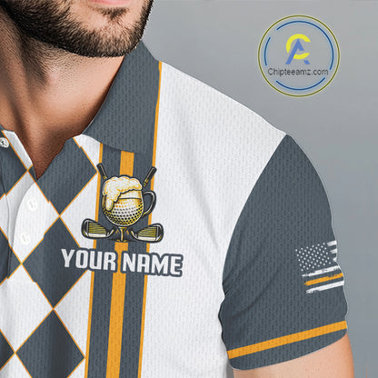 Personalized Mens Golf Polo Shirt Beer And Golf Ball Graphic Custom Team Name Golf Tournament|White NHT1091
