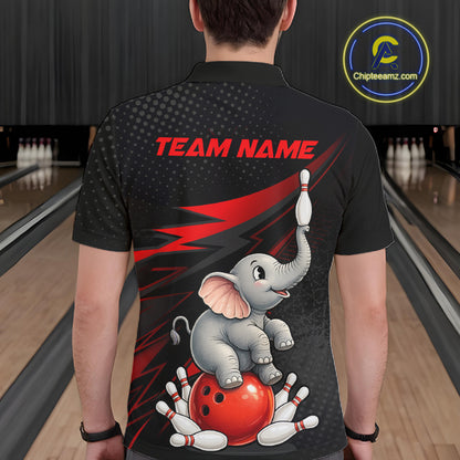 A person viewed from behind wearing a black short-sleeve bowling-themed polo shirt with a large graphic of a gray elephant balancing a white pin on its trunk while sitting on a red bowling ball, with red lightning accents and the text 'TEAM NAME' across the upper back. Bowling lanes are visible in the background, and a circular 'Chipteeamz.
