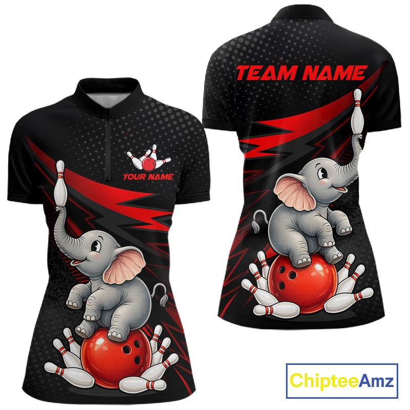 Front and back views of a women's short-sleeve polo shirt in black, featuring a cartoon gray elephant sitting on a red bowling ball with white bowling pins and red lightning accents. The front has a customizable bowling pin and text graphic, and the back has 'TEAM NAME' in red.
