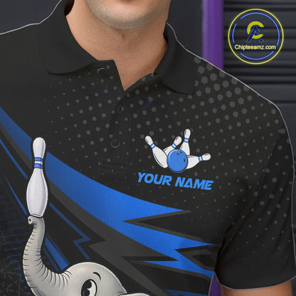 A close-up of a person wearing a black short-sleeve polo shirt with a bowling-themed graphic print. The shirt features blue and gray geometric accents, a bowling pins and ball graphic, and the text 'YOUR NAME' on the chest.