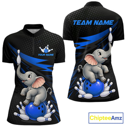 Front and back views of a black short-sleeve bowling-themed polo shirt with a cartoon gray elephant sitting on a blue bowling ball, blue lightning accents, and customizable text areas on the chest and back. A ChipteeAmz logo appears in the bottom right corner.
