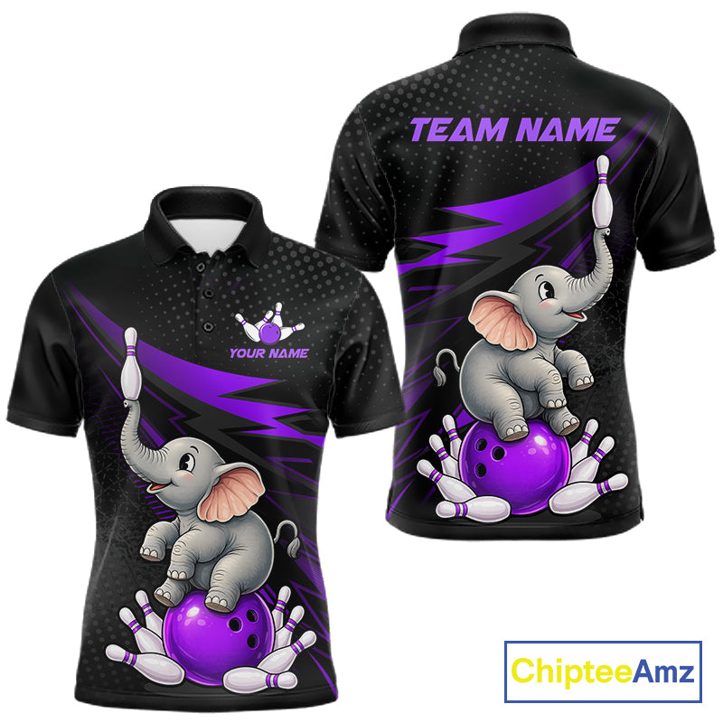 A custom black short-sleeve polo shirt shown from both front and back, featuring a cartoon baby elephant balancing on a purple bowling ball among purple bowling pins and purple lightning graphics. The front has a small purple bowling pin logo with placeholder text 'YOUR NAME', and the back has 'TEAM NAME' in purple.