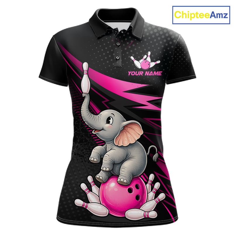 A women's short-sleeve polo shirt with a black and dark gray body, featuring a colorful graphic of a baby elephant sitting on a pink bowling ball with bowling pins. The shirt has pink and black graphic accents, a placeholder crown logo with 'YOUR NAME' on the chest, and a 'ChipteeAmz' brand logo in the top right corner.